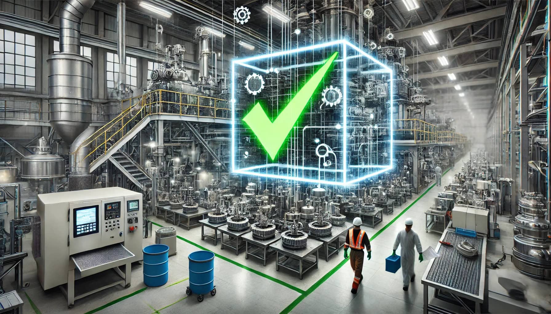 A manufacturing plant with a superimposed checkbox, symbolizing compliance and adherence to industry standards. It conveys a clean, organized, and professional environment.