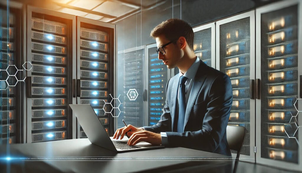 An auditor sitting in a high-tech server room using a laptop.