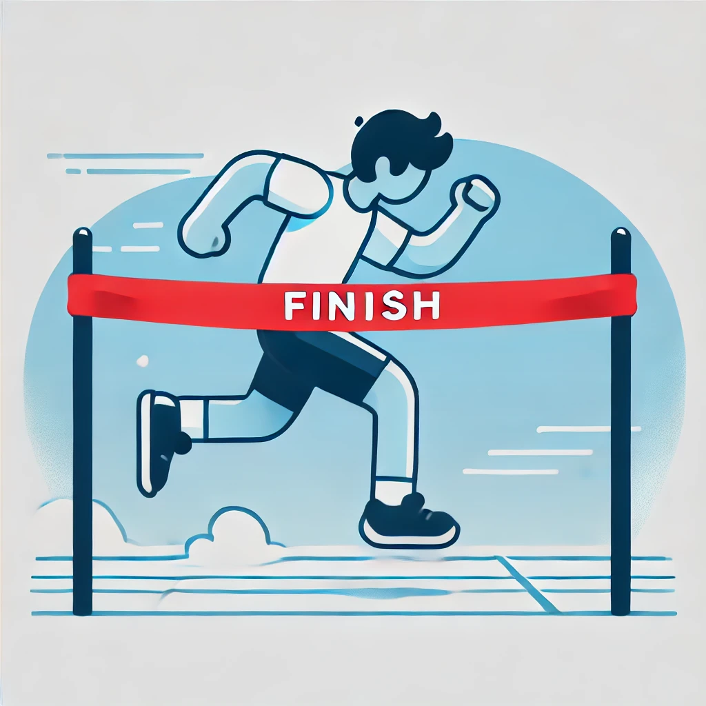 Cartoon-style illustration of a person running towards a red finish line ribbon in blue hues.
